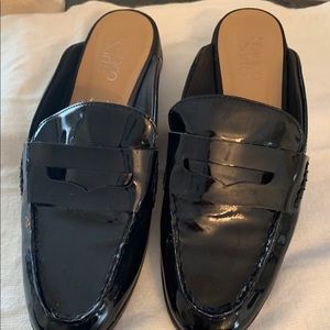 Franco Sarto Black Patent Leather Mules